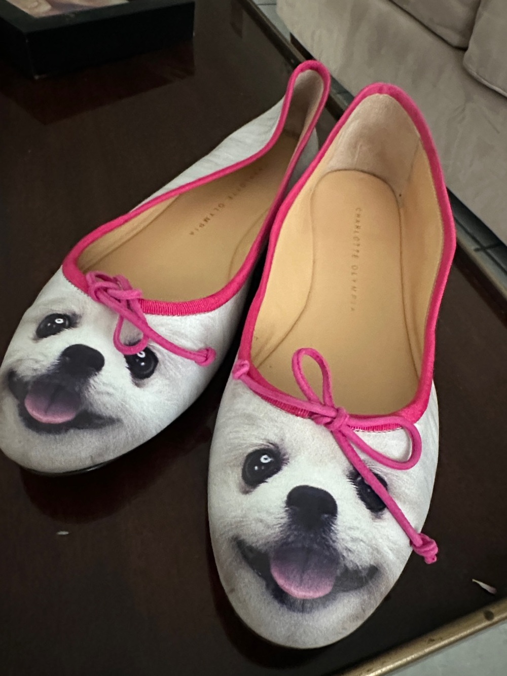 Charlotte Olympia White Ballet Flats with Pink Trim and Dog Face